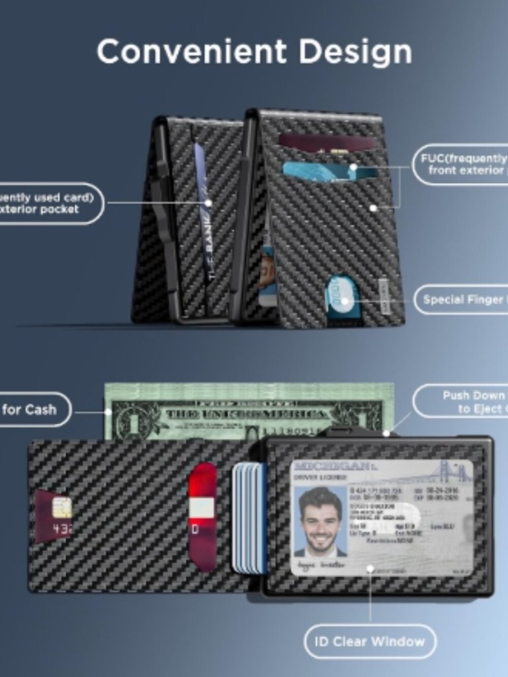 Wallet for Men, Minimalist Leather RFID Blocking Bifold Wallet, Cash Slot - Picture 3 of 3